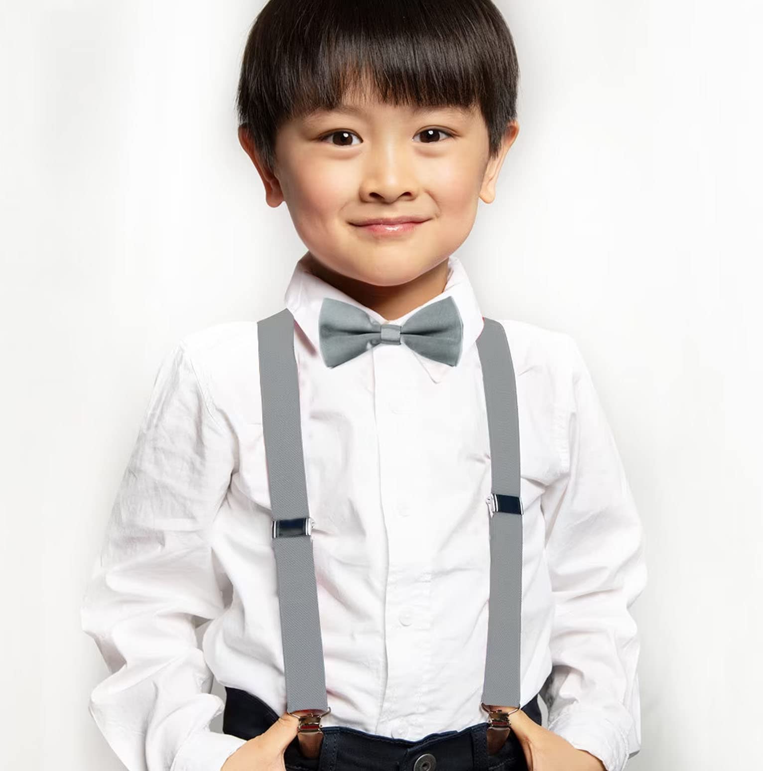 RR DESIGN Kids Suspenders with Matching Velvet Bow Tie Set | Wedding | Family Photos | Events(1-4 Years)-(Grey) 4