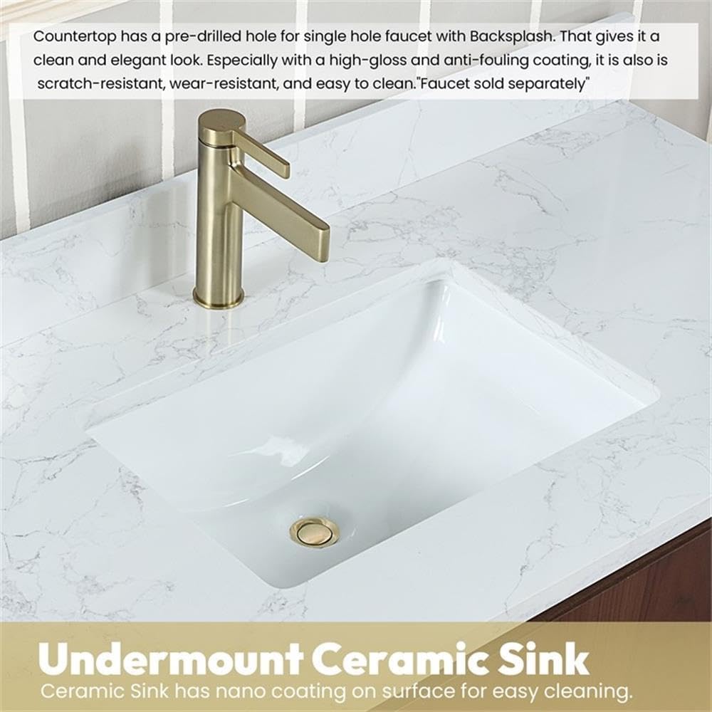 Close-up of the undermount ceramic sink and white grain composite stone countertop.