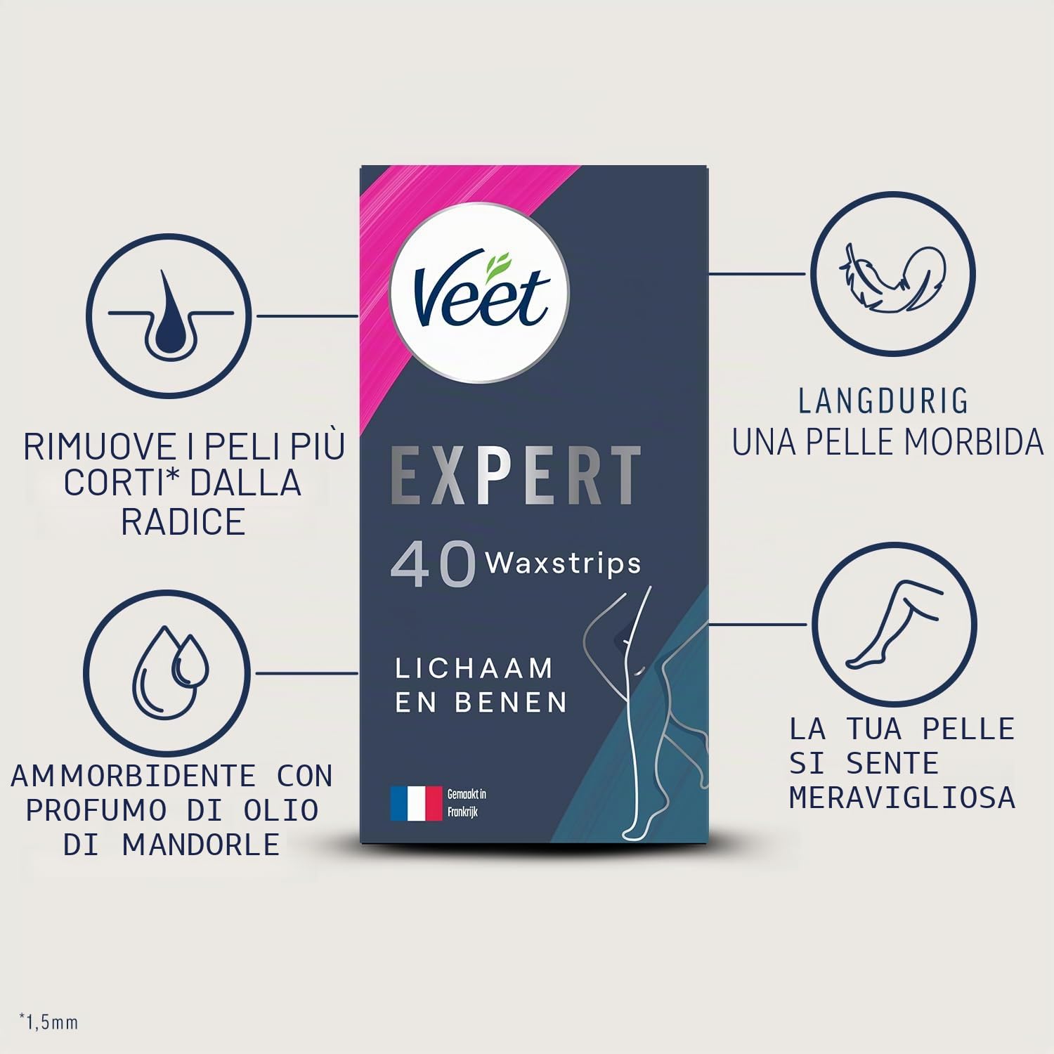 Veet Expert - 40 strisce di cera fredda per corpo e gambe, per pelli sensibili, finitura perfetta, per depilazione a lunga durata