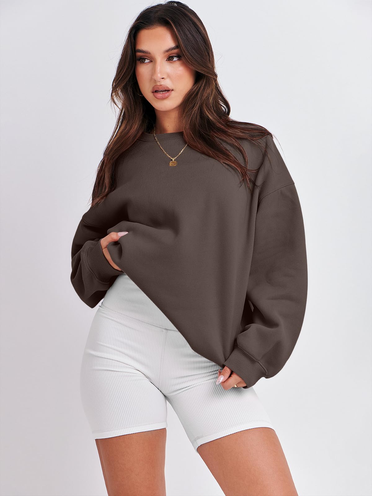 Damskie bluzy oversize bluzy z kapturem polar okrągły dekolt sweter top codzienne jesienne stroje preppy ubrania nastolatki 2024 A1019 światło, Jeden kolor, Dark Brown_S