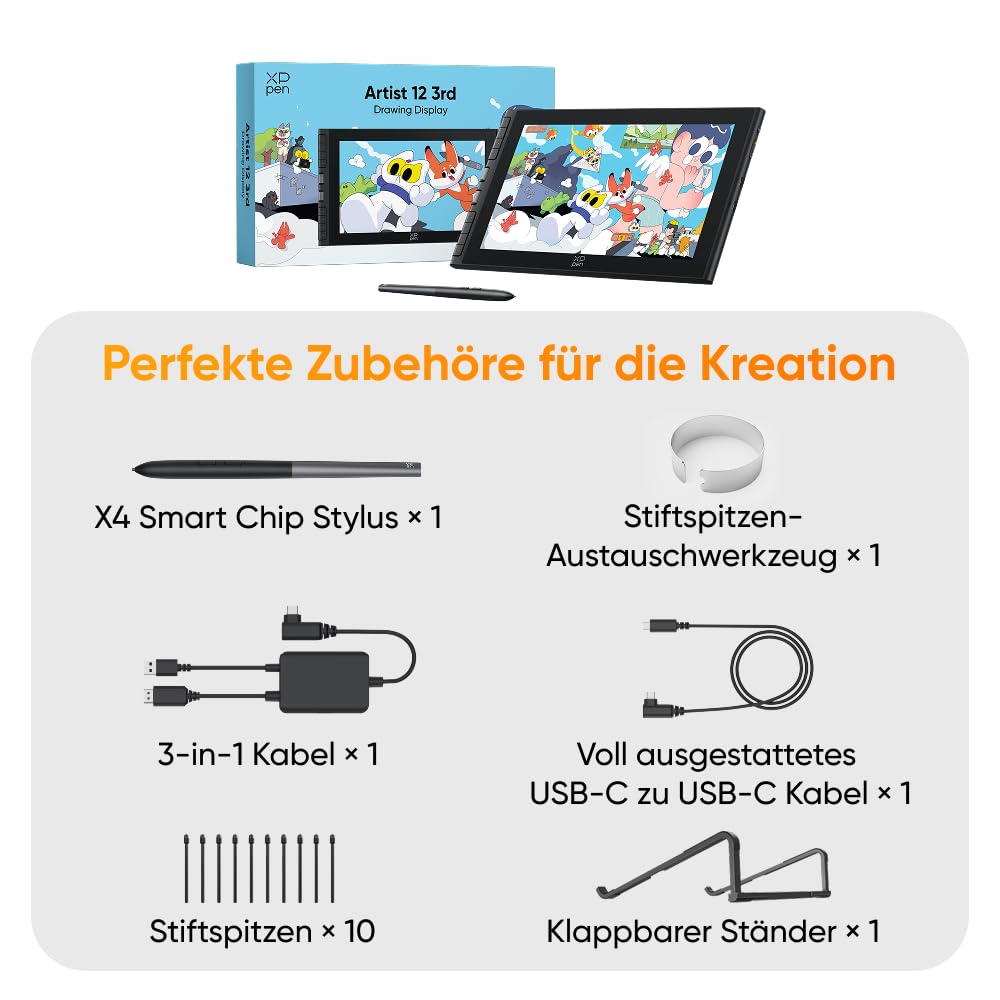 XPPen Artist 12 3rd Zeichentablet mit 11,9 Zoll Display Schwarz | X4 Smart Chip Stift, 16384 Druckstufen, X-Dial Shortcut, Ideal für Anfänger