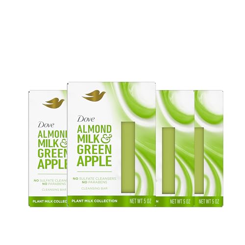 Dove Plant Milk Cleansing Bar Soap Almond Milk & Green Apple 4 count for Moisturized Skin Gentle Cleanser, No Sulfate Cleansers or Parabens, 98% Biodegradable Formula