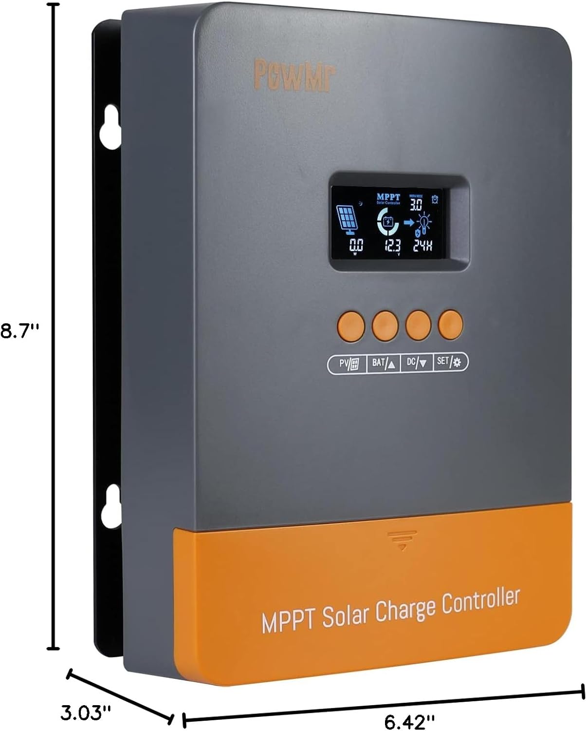 Image showing the dimensions of the solar charge controller: 8.7 inches height, 3.03 inches depth, 6.42 inches width.