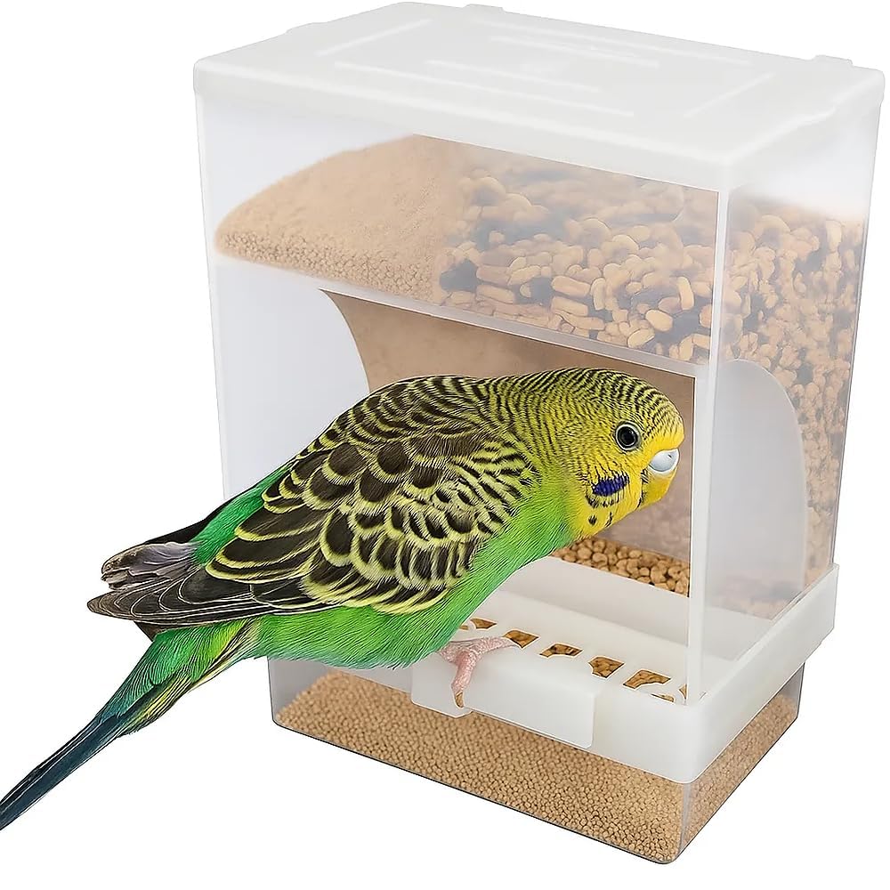 Old Tjikko No Mess Bird Feeder for Cage, Automatic Acrylic Seed Container with Large Hook, Install-Free Parrot Feeder for Budgerigar, Canary, Cockatiel, Parakeet, Finch