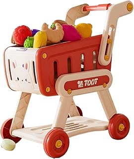 Carrito de Compras para niños, de Gran Capacidad, Seguro, con 13 Piezas de Frutas y Verduras al Azar, Juguete Educativo para supermercado, Color Rojo