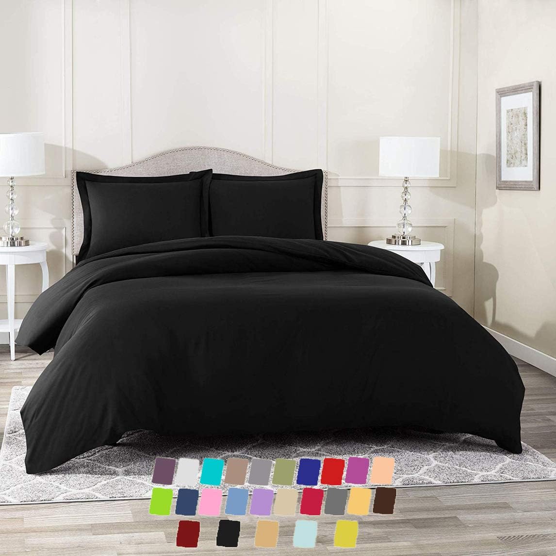 600 Thread Count 100% Egyptian Cotton 3-PCs Duvet Cover Set (1 Duvet Cover Button Closure with Corner Ties & 2 Pillow Shams) Solid (Twin/Twin XL, Black)