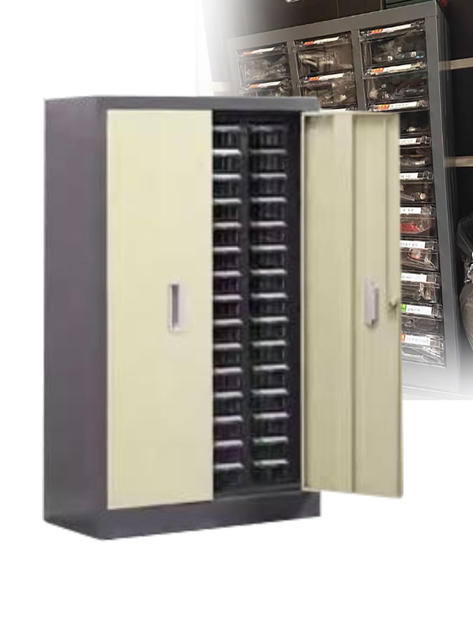 Armadietto portaoggetti multi-cassetto, organizer impilabile per viti e componenti elettronici, 60 cassetti con anta, organizer per officina