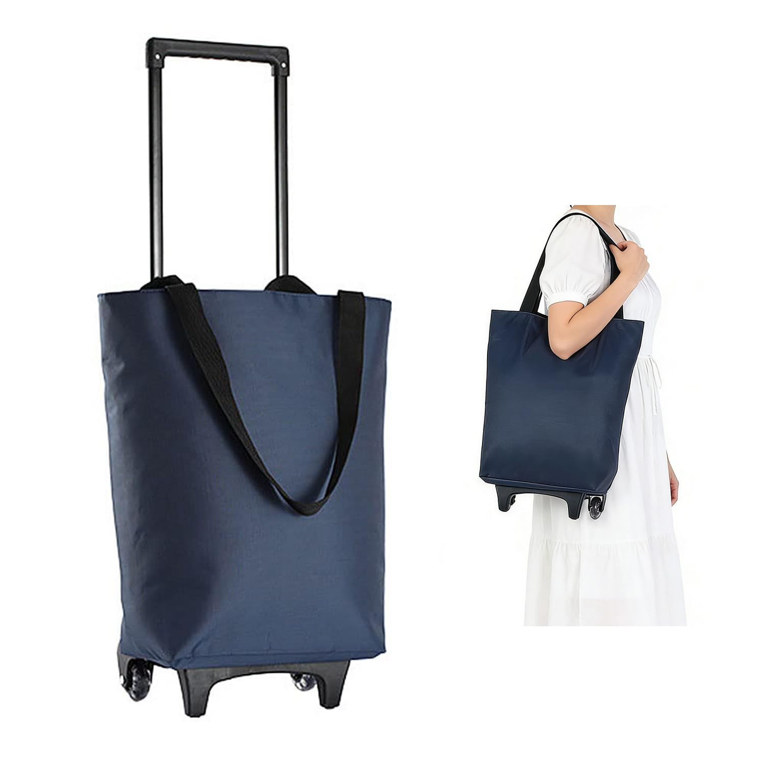 2-in-1 Einkaufstrolley Klappbar, 17L Faltbarer Einkaufstrolley, wasserdichte Einkaufstasche mit Rollen, Teleskopgriff, Wiederverwendbar Einkaufswagen Klappbar für Camping und Reisen(Blau)