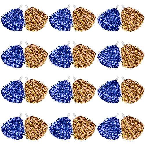 DILIBRA 24 Pcs Metallic Cheerleading Pom Poms with Baton Handle (Blue+Gold)