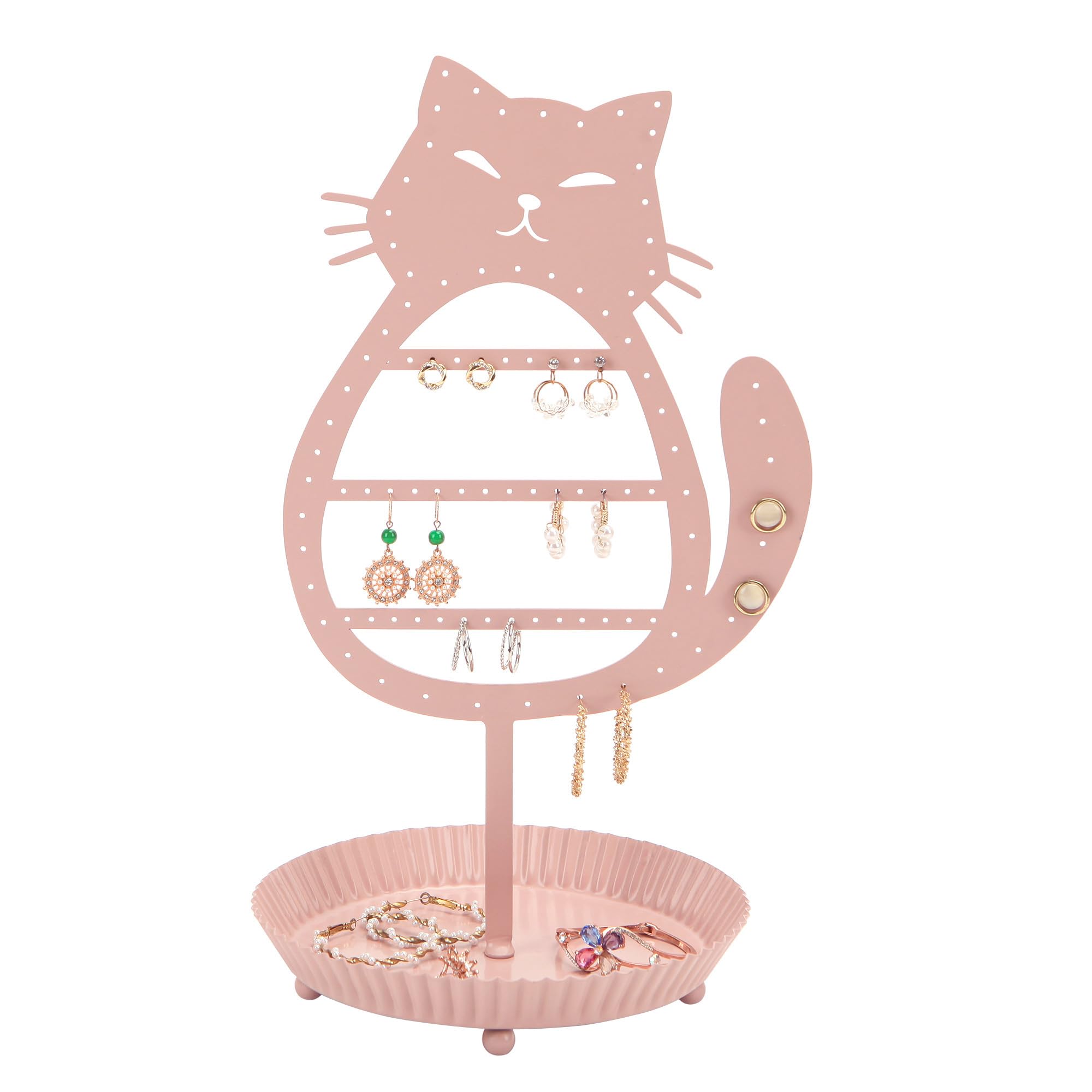 NIKKY HOME Cat Earring Holder Hanging Organizer Stand Metal Jewelry Tree Table Top Ear Stud Holder Tower Rack with Ring Tray for Girls (96 Holes), Pink