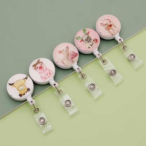 Miniatura 4 de Paquete de 15 carretes retráctiles con estampado de tortuga cerdo y vaca, soporte para tarjetas de identificación, clip retráctil, divertido carrete