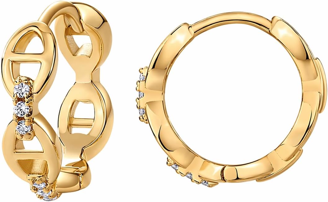 PAVOI 14K Gold Plated Sterling Silver Posts Cubic Zirconia Chained Huggie Earrings for Women | Small CZ Chain Hoops