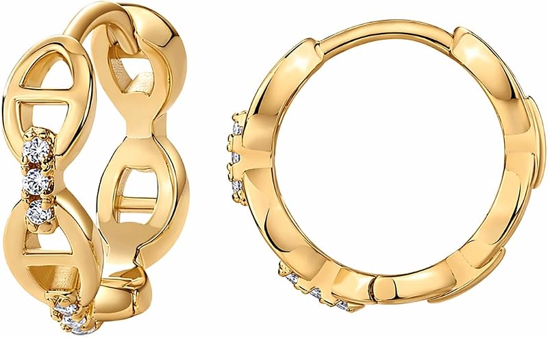 14K Gold Plated Sterling Silver Posts Cubic Zirconia Chained Huggie Earrings for Women | Small CZ Chain Hoops