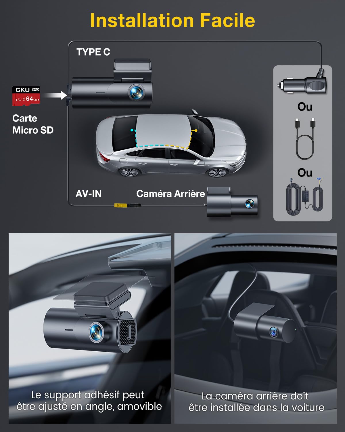 GKU 4K Dashcam Voiture Avant Arrière,5GHz WiFi GPS,2160P+1080P Camera Voiture,1.5'' IPS Caméra Embarquée Voiture avec Carte SD 64G,Grand Angle 170°,Vision Nocturne,WDR,G-Capteur,Mode Stationnement 24H