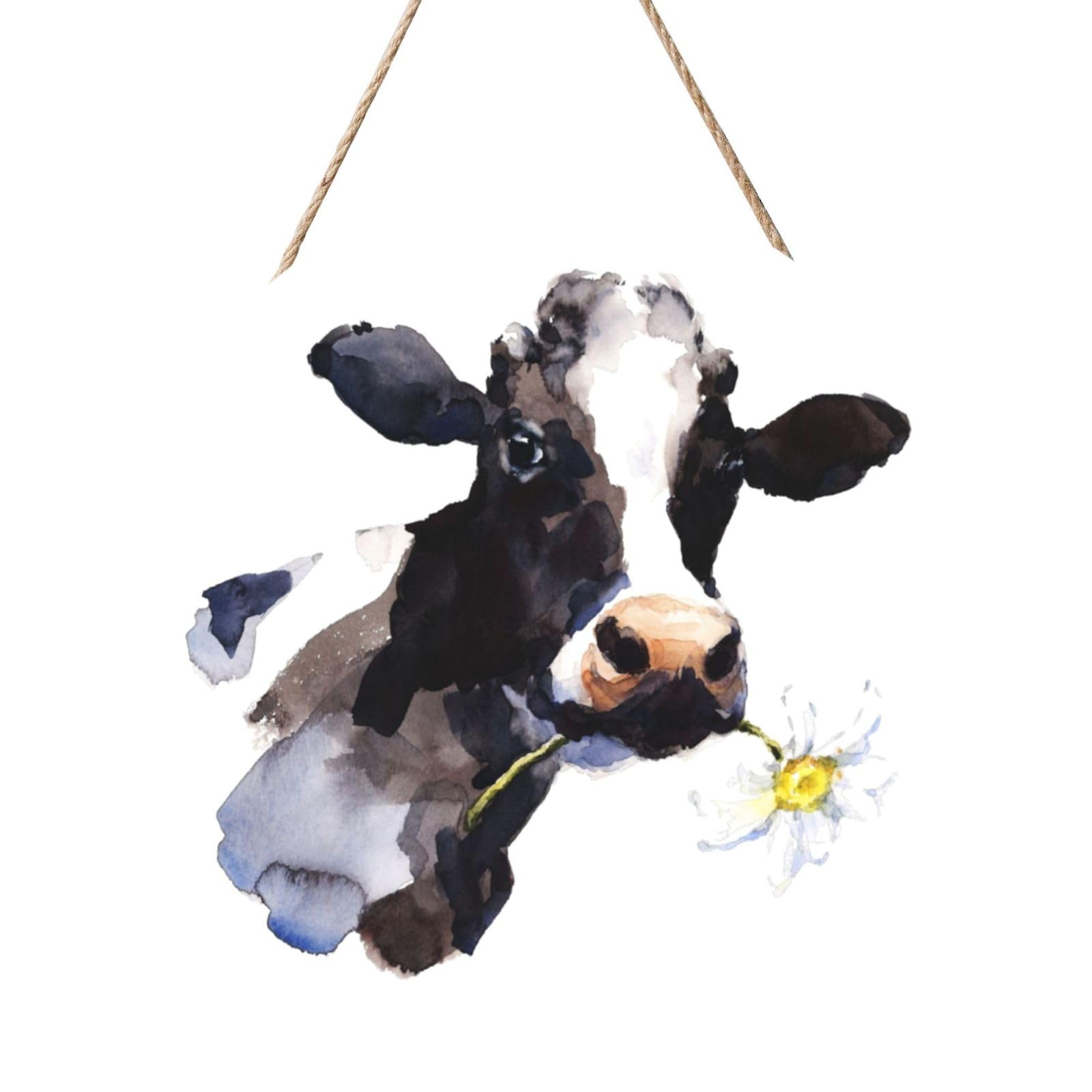 InOmak Cow With A Daisy Flower, Round Wood Panel Painting 12 in, Wall Hanging Painting For Home