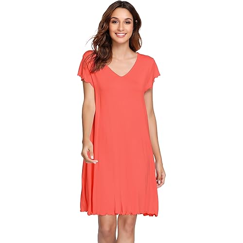 WiWi Nightgowns for Women Bamboo Viscose Super Soft Short Sleeve Sleep Dress Cooling Ladies Plus Size Lounge Sleepwear S-4X