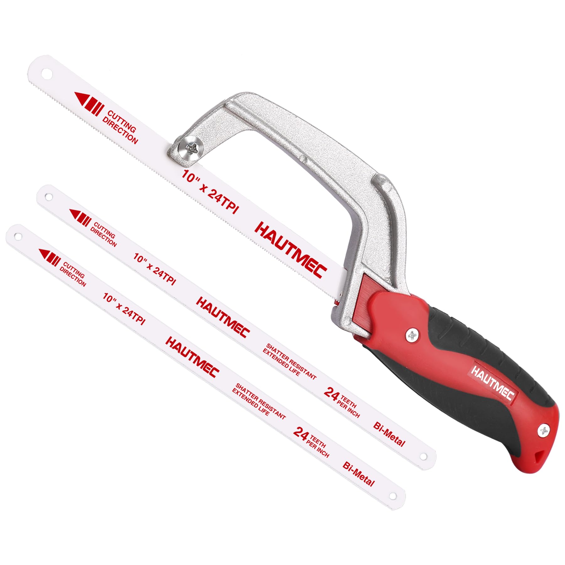 HAUTMEC Scie à métaux compacte 250 mm Junior avec lame bimétallique HSS - Cadre en aluminium léger - Petite scie à main pour couper le métal, le plastique, le PVC et le bois - Idéale pour les espaces