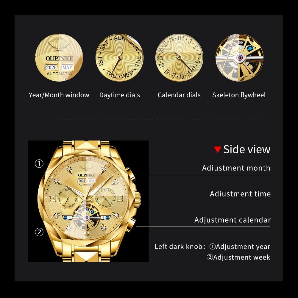 OUPINKE Men's Watches Automatic Skeleton Self-Winding Original Mechanical Gold Luxury Sapphire Crystal Dress Gifts Wrist Watches