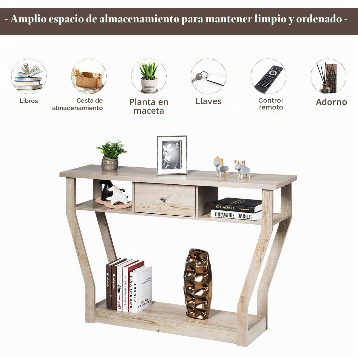 GIANTEX Mesa Consola Estrecha de Madera con Cajón, 120 x 30 x 81 cm, Mesa Auxiliar con Estante Inferior y 2 Estantes Abiertos Laterales, Mueble Recibidor para Entrada, Salón (Gris)