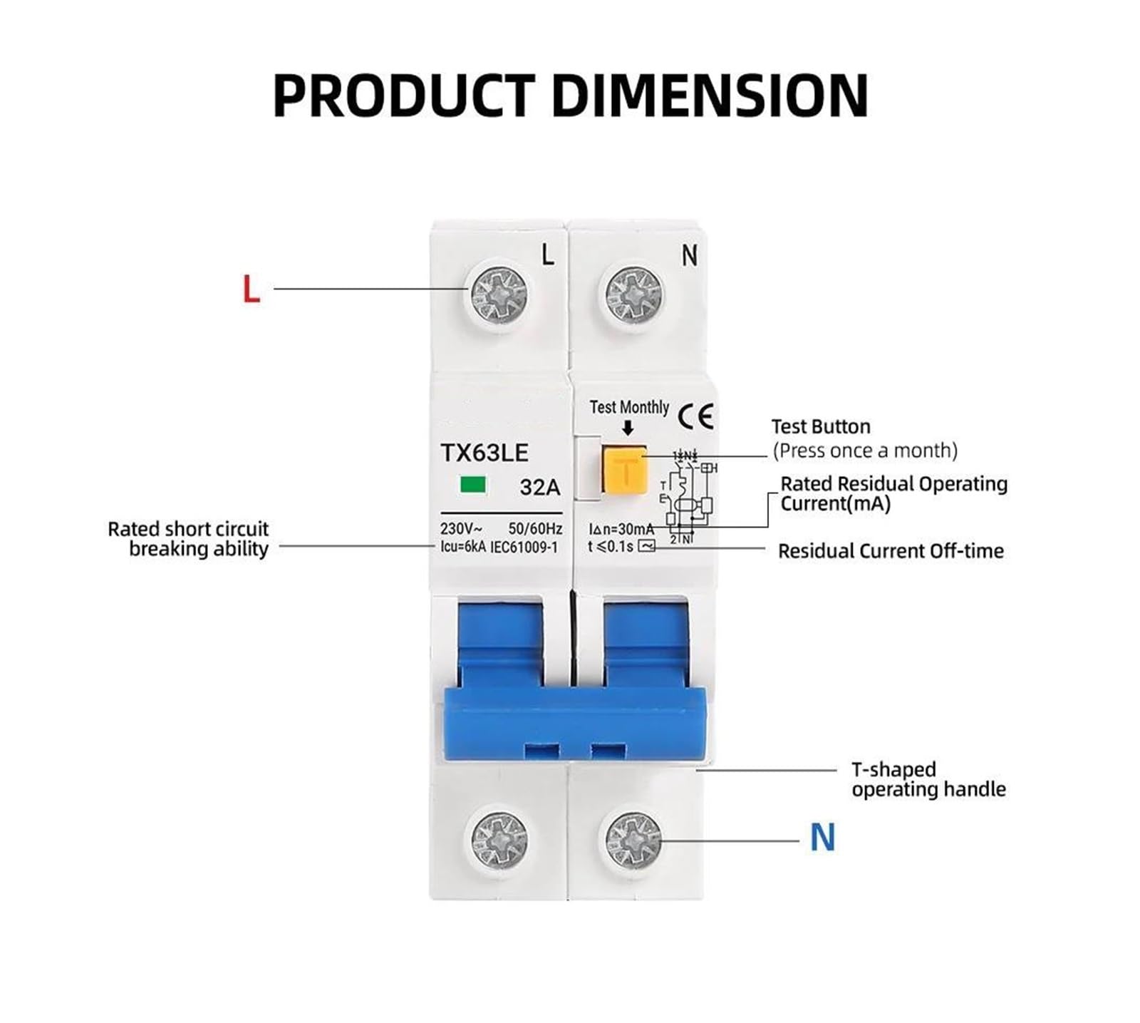 Interruttore differenziale 230V 2P MCB 30mA Protezione da sovraccarico, cortocircuito, dispersione di corrente Protezione RCBO RCCB RCD 16A 32A 63A(50A)
