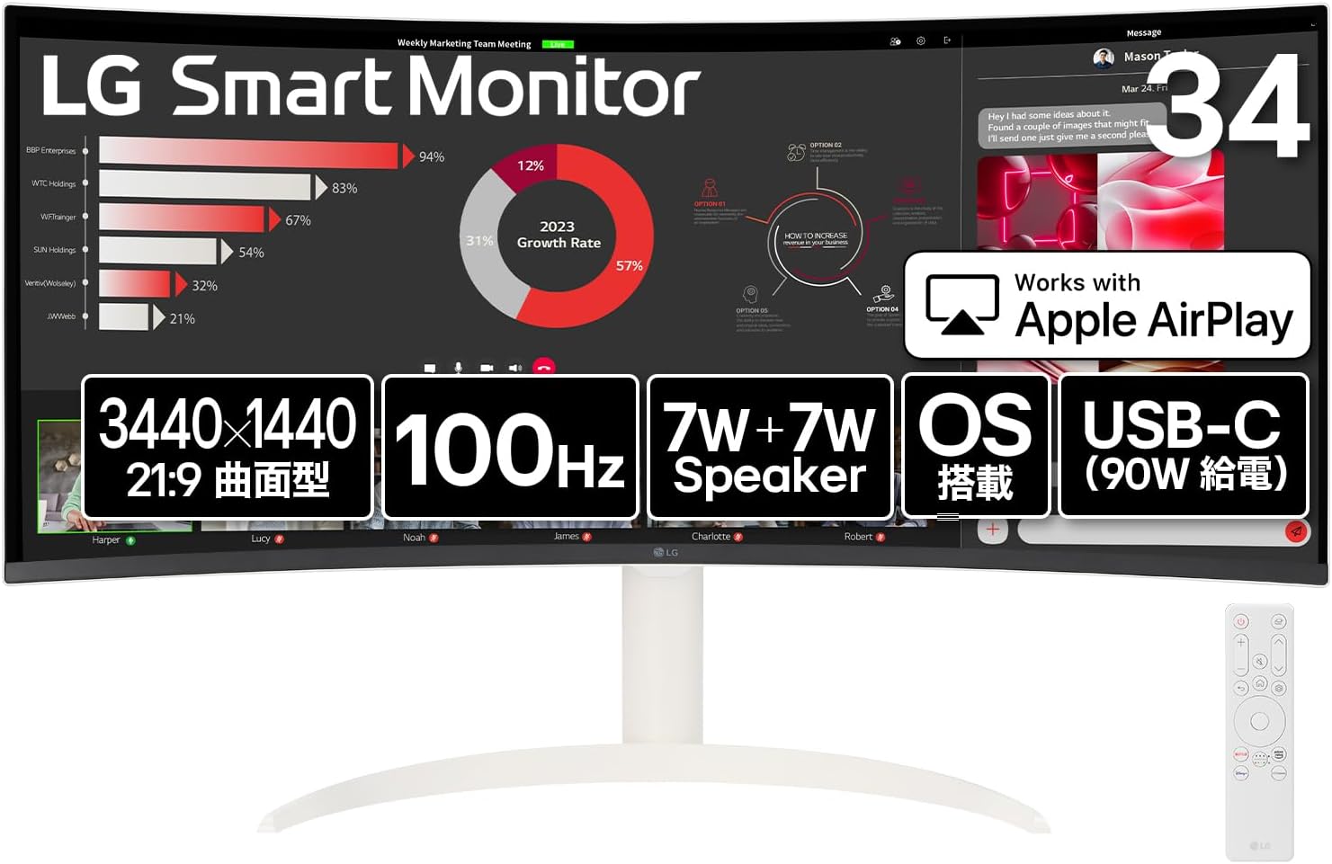 LG Monitor モニター ディスプレイ 34SR63QA-W 34インチ 曲面 1800R /21:9 ウルトラワイド(3440×1440)/100Hz/USB Type-C(最大90W給電)/sRGB 99%/HDR/アンチグレア/自動明るさ調整/リモコン付属/webOS/ワイヤレス画面共有/スピーカー/スマートモニター Amazonで販売中 LG Monitor モニター ディスプレイ 34SR63QA-W 34インチ 曲面 1800R /21:9 ウルトラワイド(3440×1440)/100Hz/USB Type-C(最大90W給電)/sRGB 99%/HDR/アンチグレア/自動明るさ調整/リモコン付属/webOS/ワイヤレス画面共有/スピーカー/スマートモニター Amazonで販売中