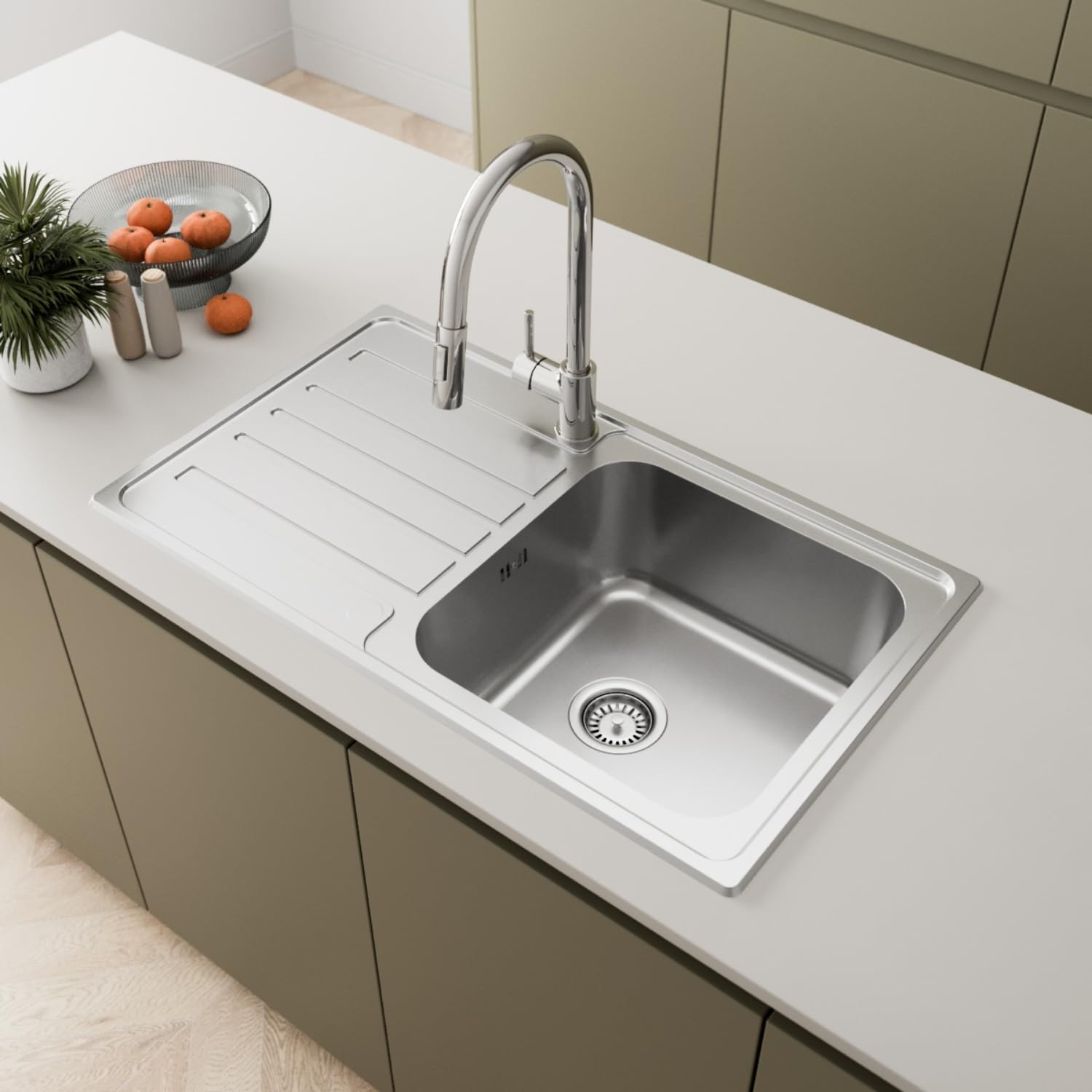 SÄUBER® 860 x 500mm Stainless Steel Kitchen Sink Single One 1.0 Bowl Inset Drop in Installation, Left Hand Drainer, 18/8 Grade Steel Sinks, Free Basket Strainer Waste