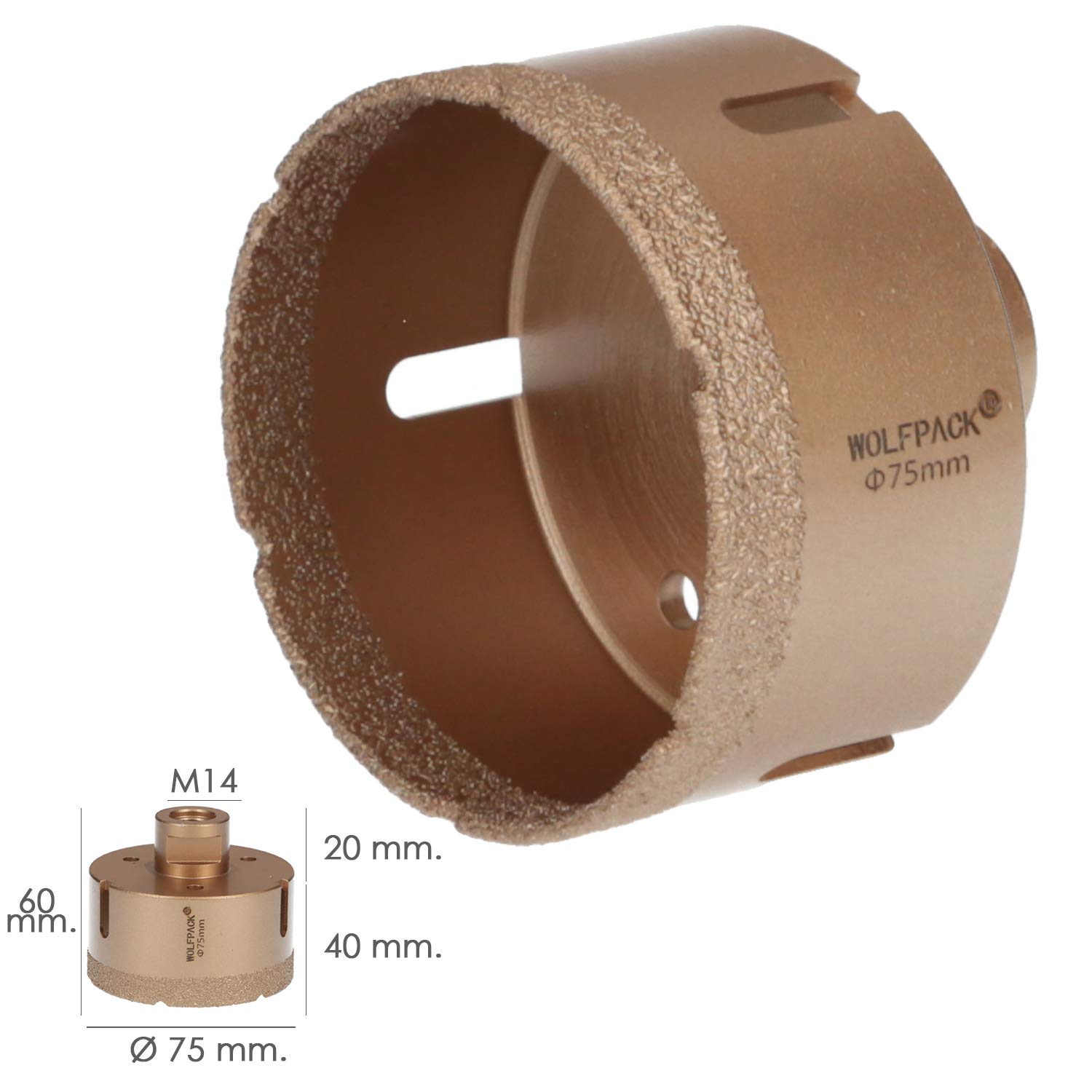 WOLFPACK LINEA PROFESIONAL - Corona Diamante Para Amoladora Ø 75 mm. Conexión Rosca M14. Corte Seco