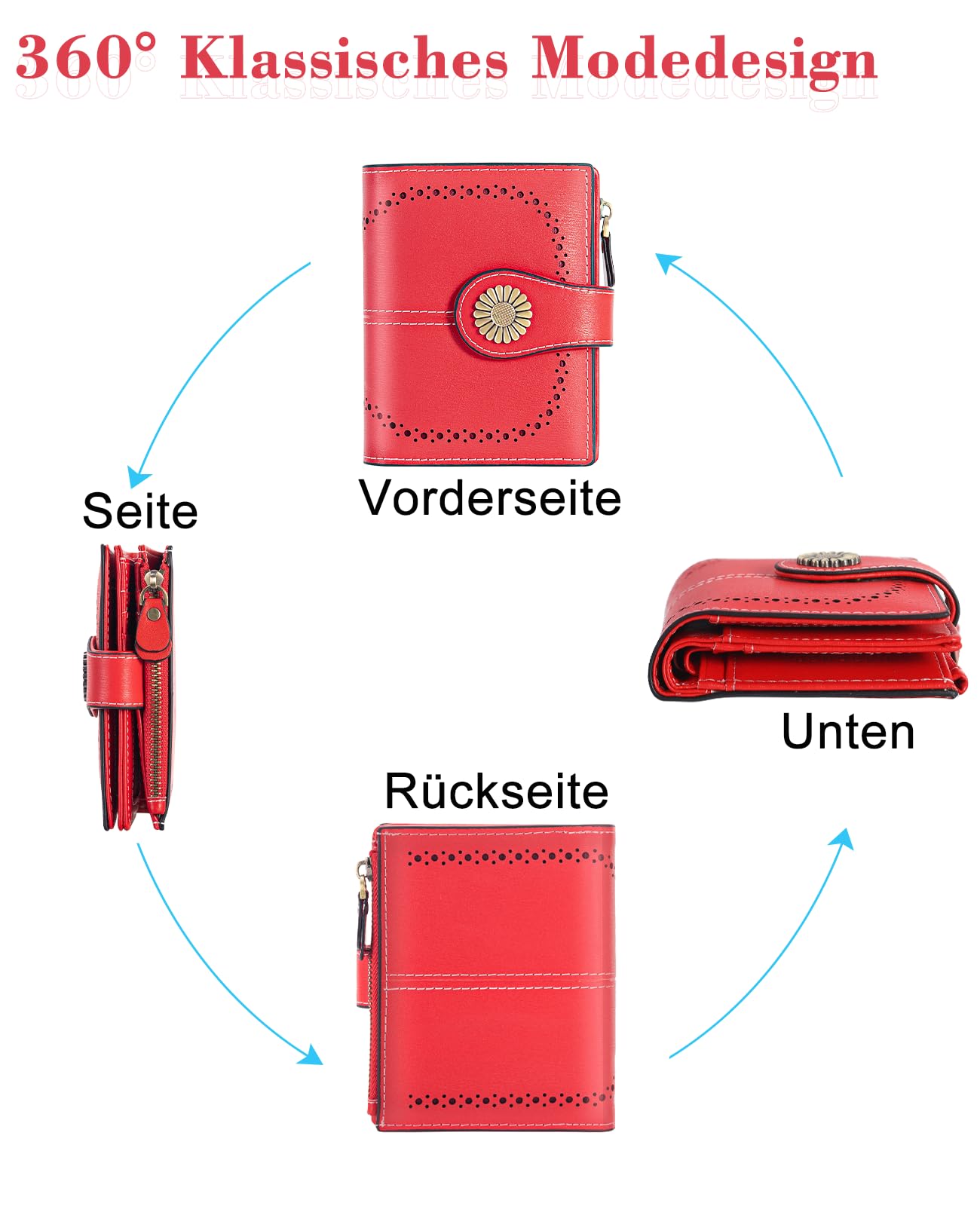 UNOSEKS Portafoglio da donna piccolo con protezione RFID, in vera pelle, con tripla portafogli da donna, Colore: rosso, M-03, Classico