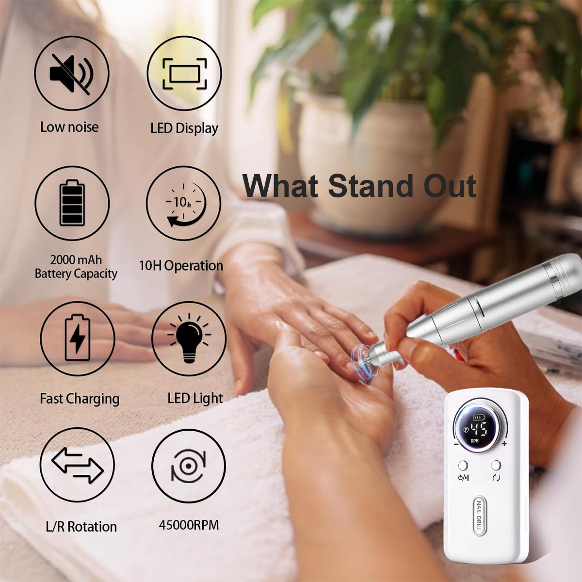 Torno para Uñas Profesional 45000 RPM, Torno Uñas Taladro Eléctrico Recargable con Pantalla LED, 10H Duración, Bajo Ruido,12 Puntas,para Uñas Acrílicas/Gel/Semipermanente