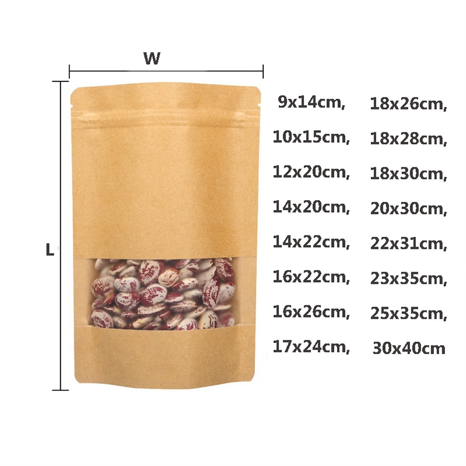 Sacs de conservation des aliments, Sachets Kraft refermables avec fenêtre, format stand-up, fermeture zip, thermoscellables, lot de 100, tailles multiples(17x24cm)