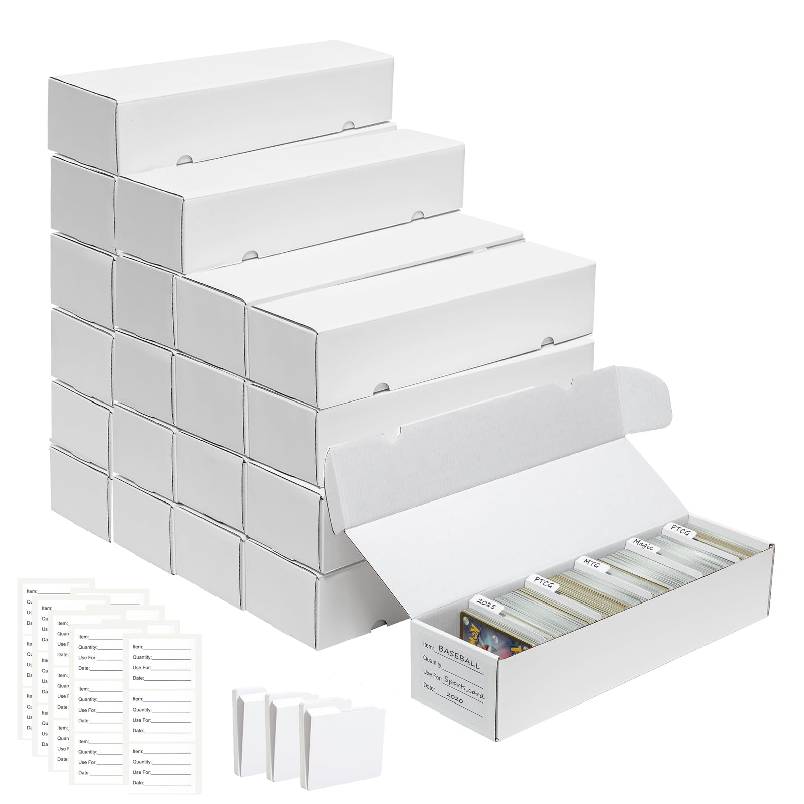 QINGUANG Trading Card Storage Box | 20 Pack • 1100 Count MTG Card Storage Box | with Dividers | White Corrugated Cardboard Sport Card Organizer for Basketball Card/TCG/Magic Collection