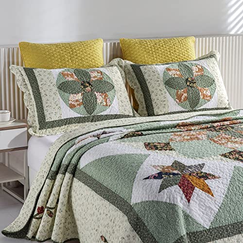 Yayiday Patchwork Quilt Set Bedspread King Size - Reversible Breathable Summer Blanket Floral Quilted Coverlet With Pillow Shams, Country Green Rustic Star Pattern Rural #TOP1