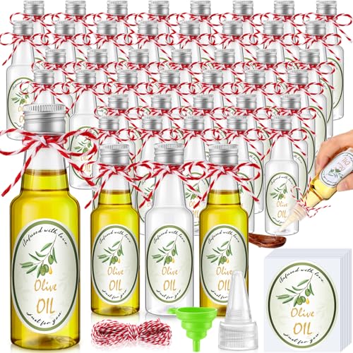 Blushtier 48 Set Mini Plastic Olive Oil Bottles 1.7 oz Tiny Small Clear Empty Dispenser Bottles with Tip Cap, Pour Spout Lids and Labels for Milk Juice Sauce Storage for Baby Shower Party Favors
