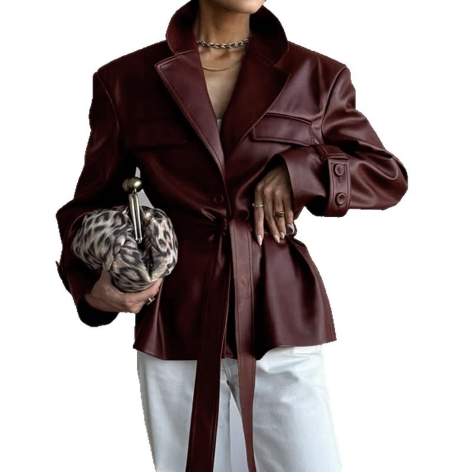 Womens Retro Lapel Faux Leather Jacket Long Sleeve Pu Leather Fashion Blazer Fall Short Shoulder Waist-Cinching With Belt