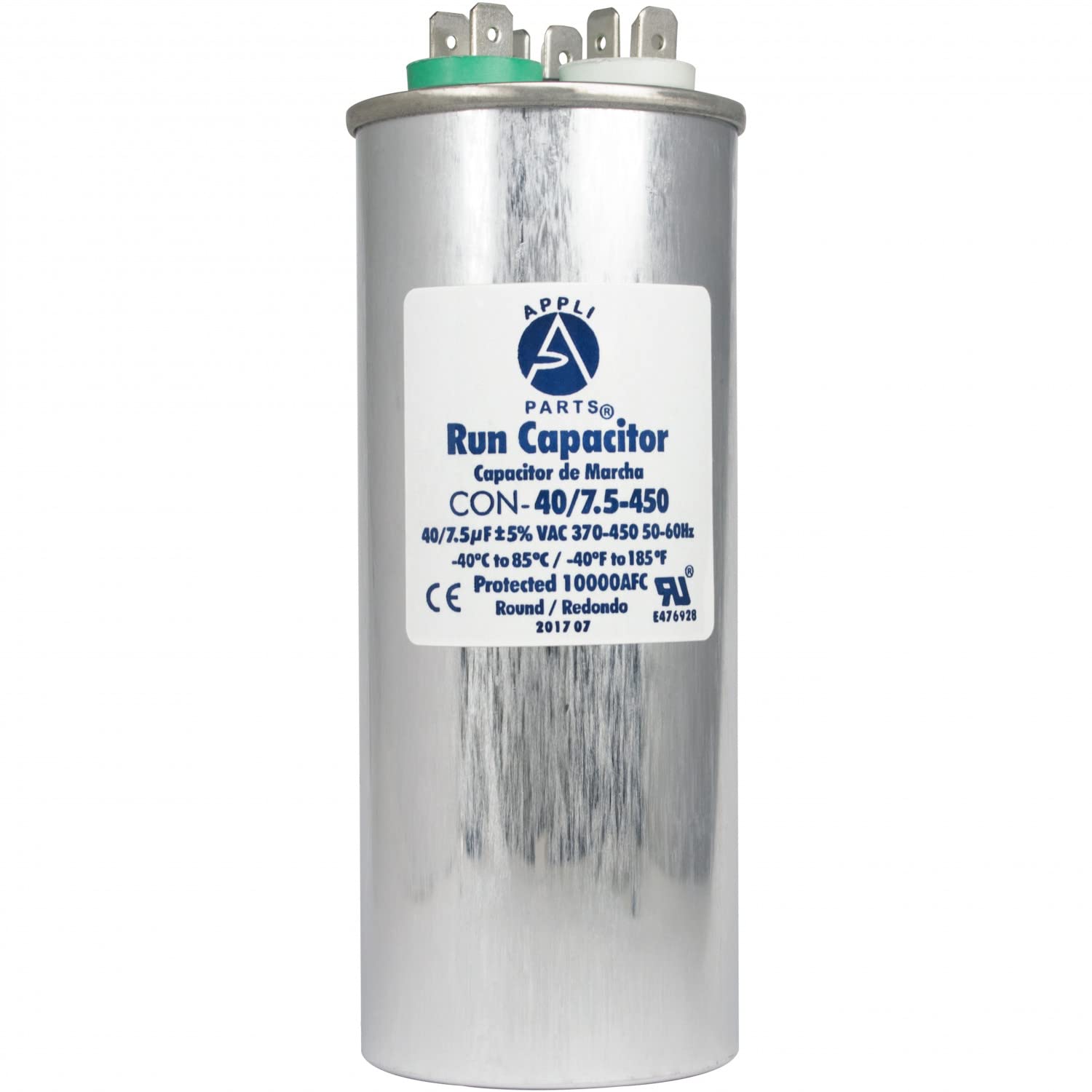 Appli Parts Dual Run Capacitor for ac 40+7.5 Mfd uF (microfarads) 370VAC or 450VAC CBB65 Round Universal fit for hvac and other applications 5-3/8 in High 2 in Wide CON-40/7.5-450