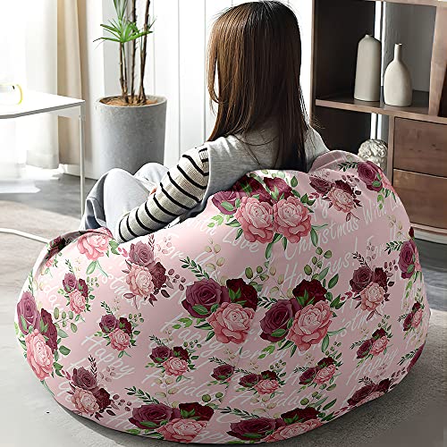 Hiseng Funda de puf, Sillón de Pera sin Relleno,Tema de Rosas Sofa Puff Gaming Salon Funda Sin Relleno para Niños y Adultos, Bean Bag para Dormitorio y Sala de Juegos (Rosas Rosadas,100x120cm)