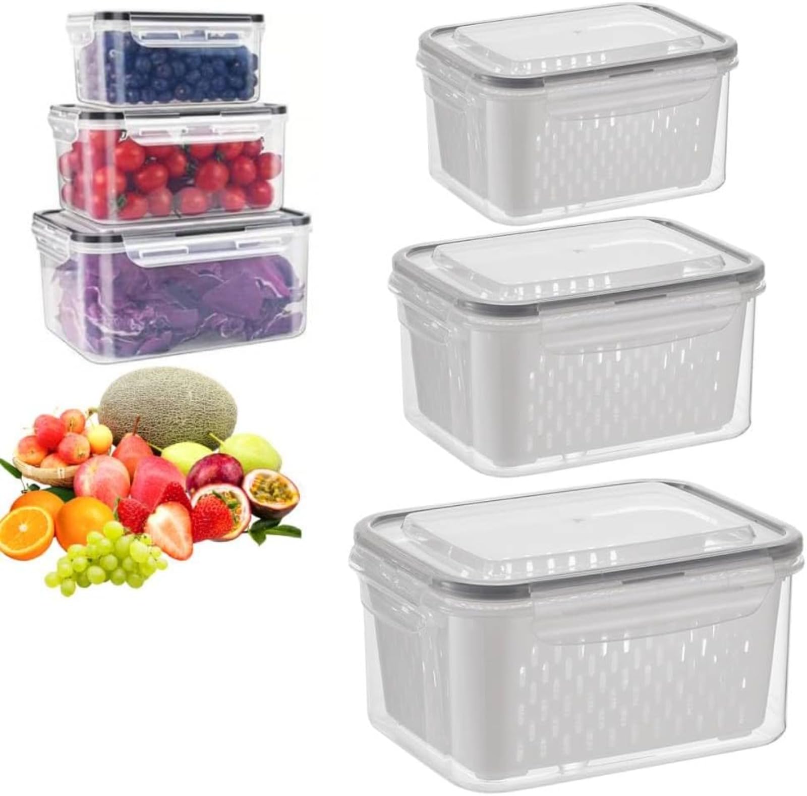 4 in 1 Fruit Storage Containers for Fridge with Colander, Airtight Produce Saver with Removable Drain Basket, Stackable Food Storage Containers with Waterproof Lid, for Vegetable & Berry Organization