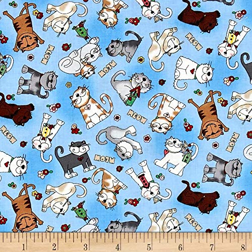 Love is a Four Legged Word Tossed Cats Blue, Quilting Fabric by the Yard