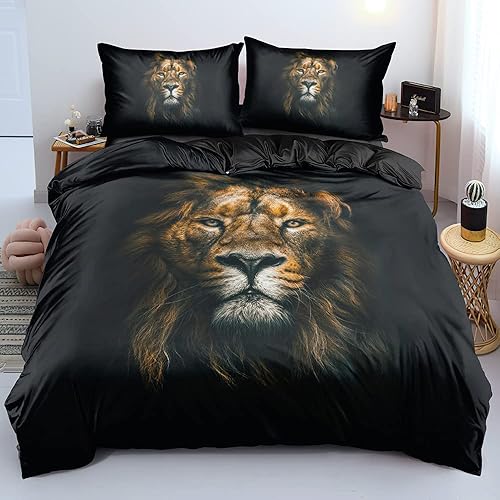 Holiyjog Juego de funda de edredón con cabeza de león 3D, tamaño Queen, funda de almohada de animales salvajes de león, color negro, decoración de Holiyjog Juego de funda de edredón con cabeza de león 3D, tamaño Queen, funda de almohada de animales salvajes de león, color negro, decoración de