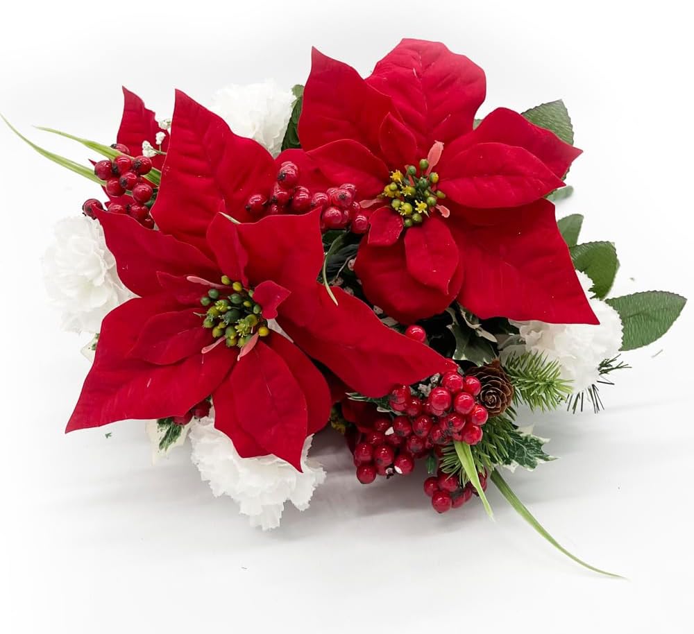 Admired by Nature 18 Stems Artificial Poinsettia Bouquet Fake Christmas Flower, Faux Velvet Poinsettia Carnations - for Home Decor, Holiday Bush, Indoor Floral, Cemetery Flowers - White/Red