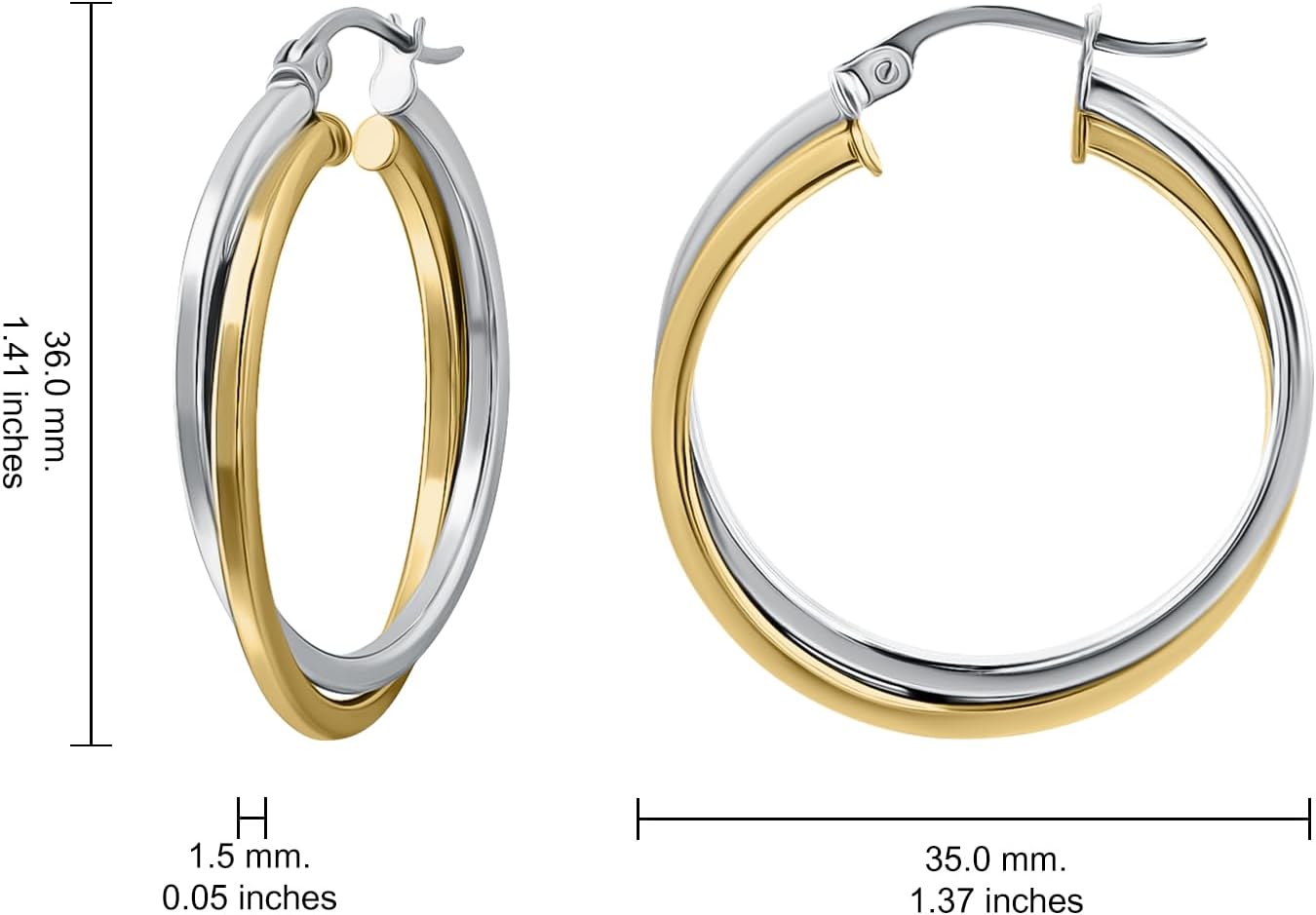 Hoops & Loops 925 Sterling Silver Intertwined Round Hoop Earrings for Women, Two-Tone Layered Trendy Double Square-Tube Hypoallergenic Click-Top Hoops, 20mm, 25mm, 35mm Silver, 14k Yellow Gold, Rose Gold, Black Flash Plated - Image 6