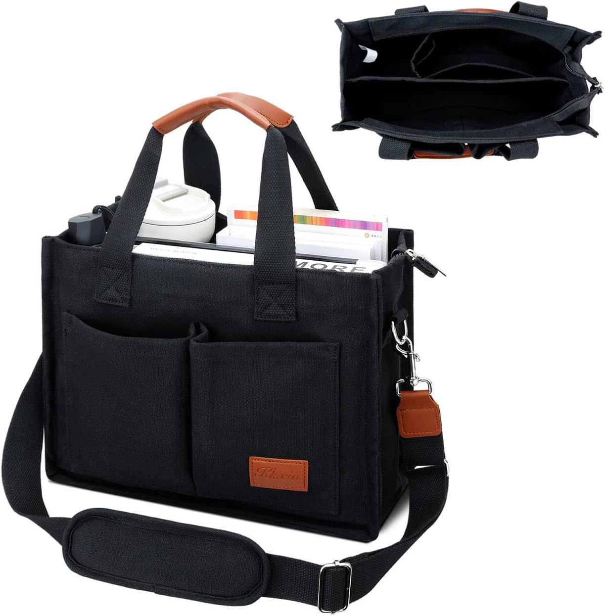 KKXIU Large Canvas Tote Bag for Women with Zipper and Compartments Crossbody Work Bible Messenger Purse Bag With Pockets