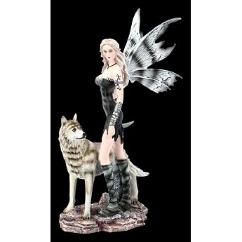 Figuren Shop GmbH Elf Fantasy Figure - Elleth with Wolf Fairy Angel Decorative Figure Decorative Article Statue Sculpture Height 27 cm