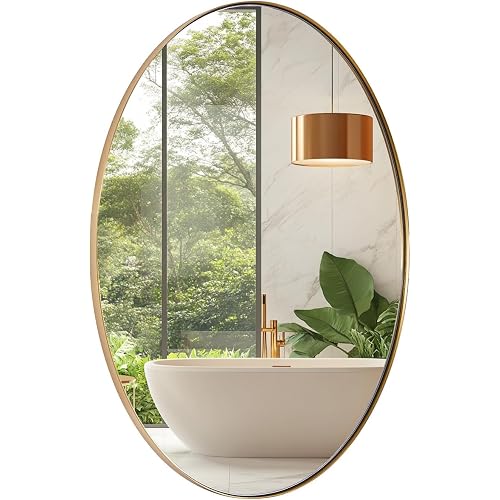 ANDY STAR Gold Oval Mirrors for Bathroom, 20x28 Inch Brushed Gold Stainless Steel Metal Framed Oval Wall Mirror, Modern Vanity Mirror Wall Mount Horizontal or Vertical