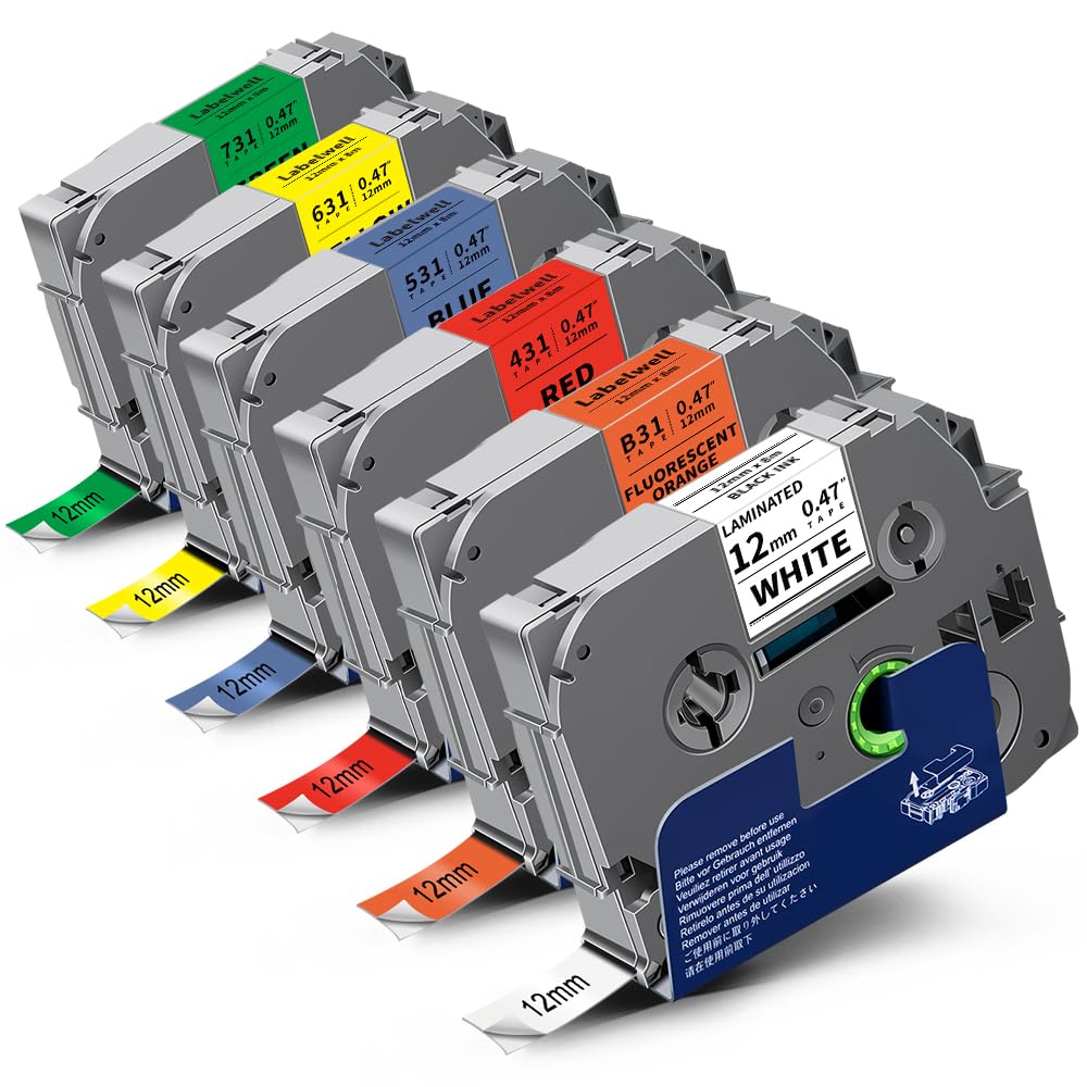Labelwell 6-Pack TZ Tape 12mm 0.47 Laminated Compatible for P Touch Label Tape TZ TZe-B31 231 131 431 531 631 TZe231 for PTouch PT-H110 D210 D220