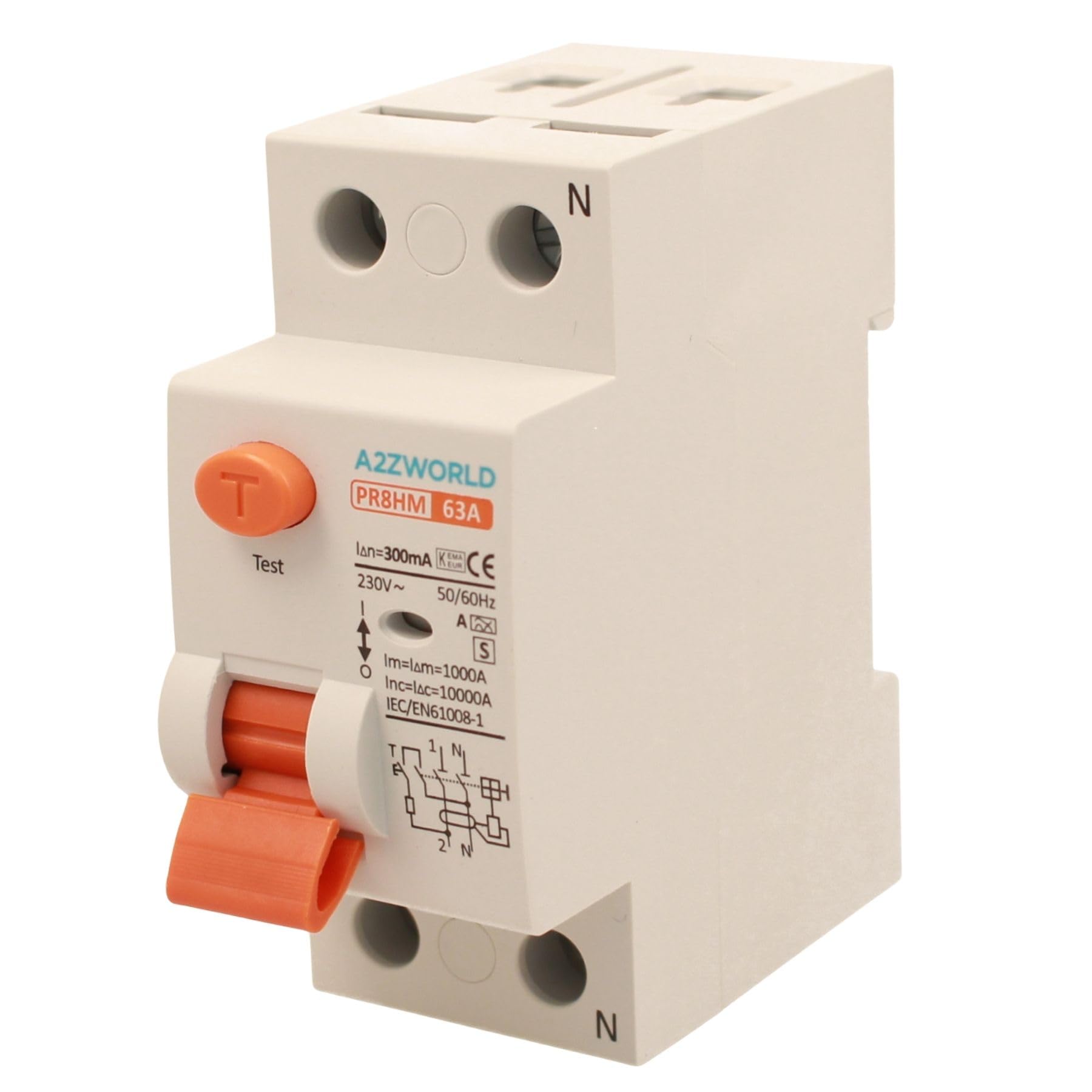 Interruttore Differenziale Puro Selettivo 63A, RCCB Tipo S Classe A, 1P+N 10kA 300mA, Ritardo 500ms, 2 Moduli DIN 230V AC, Certificato IEC61008-1, Serie PR8HM Elettromagnetico