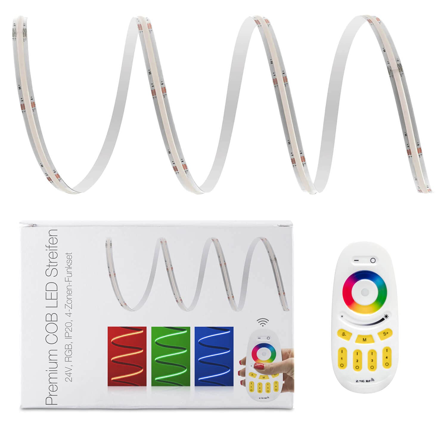 LED Universum Tira LED COB de 4 zonas, RGB, con mando a distancia, controlador y fuente de alimentación, filamento premium, 24 V, IP20, multicolor (2 metros)