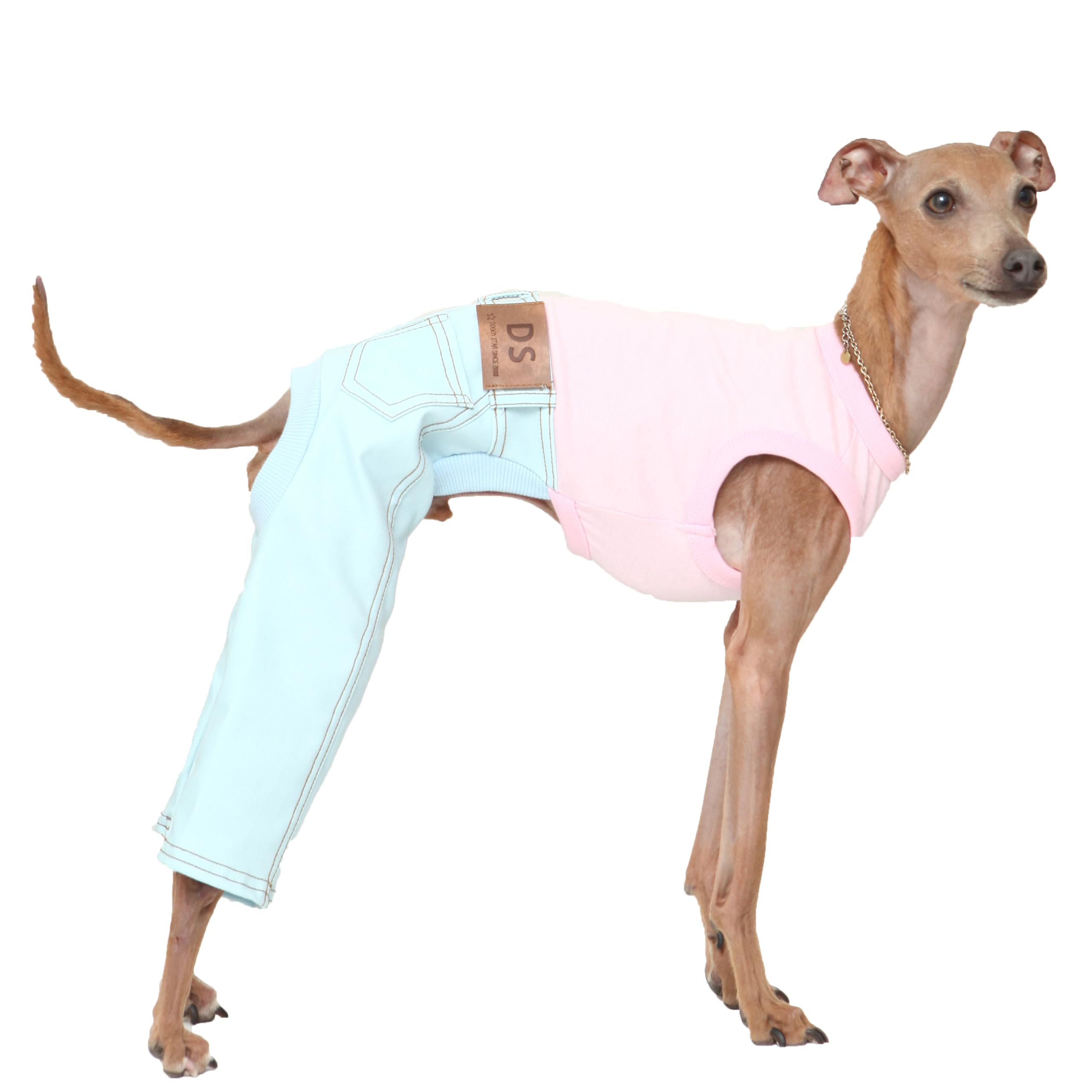 D Doggy Star Italian Greyhound Clothes Sleeveless Jeans Onesie Outfit Whippet for Dog Coat (3XL,Sky Blue Jean) โ image 1
