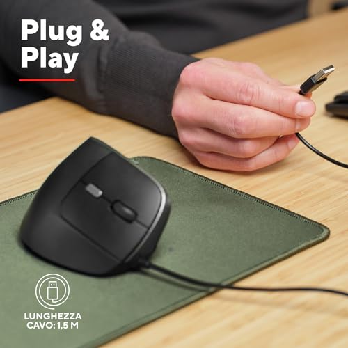 Yuno Mouse Ergonomico Cablato, Mouse Verticale per Destrorsi con Cavo USB da 1,5m, DPI Regolabile (800-2400), Sensore Ottico, 6 Pulsanti, 60% Plastica Riciclata, Macbook, Computer, Laptop - Nero - Tastiera gaming - Immagine 3