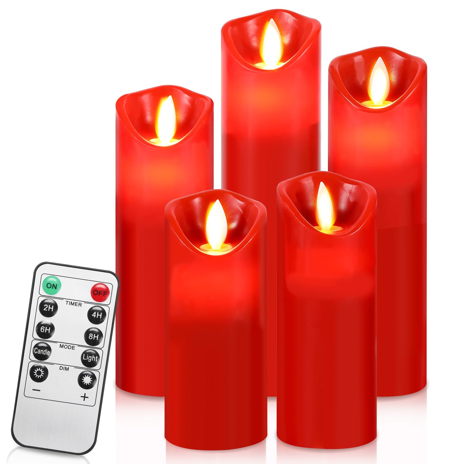 Randaco Led Kerzen mit Timerfunktion | Led Kerzen Flackernde Echtwachs mit 10-Tasten Fernbedienung |5er Set 13/14/16/18/20CM Flammenlose-Kerzen, Led-Kerzen (Rot)